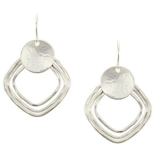 Earrings - Large Disc with Hammered Square Rings - Silver