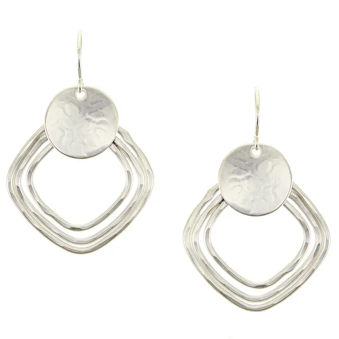 Earrings - Large Disc with Hammered Square Rings - Silver