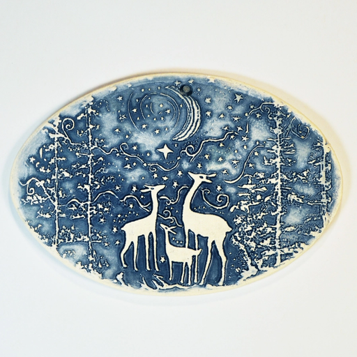 Hanging Tile - Deer Family Horizontal - Blue