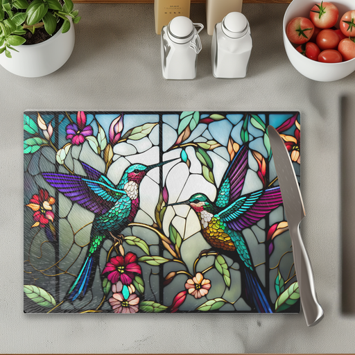 Tempered Glass Cutting Board: Hummingbird - 8x11