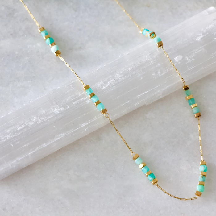 Necklace - Square Stone Beaded Chain - Amazonite - MB