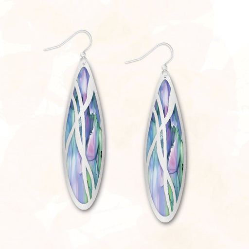 Earrings - Blue and Pink Watercolor Drop with Silver Overlay - 1CGS