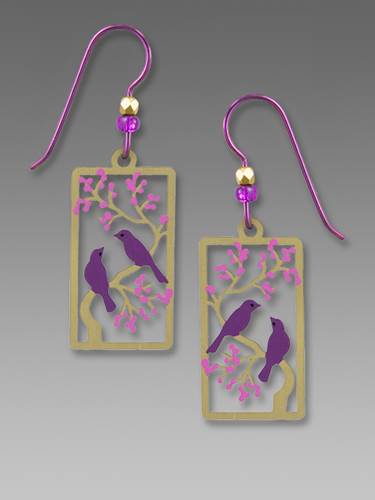 Earrings - Two Purple Birds on a Branch with Purple Leaves - 2022