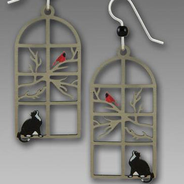 Earrings - Cat Watching Bird in Window - 2113