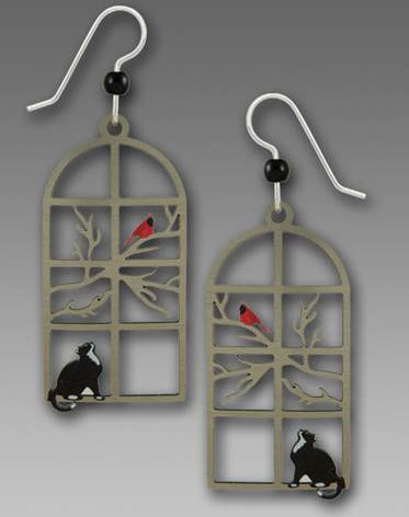 Earrings - Cat Watching Bird in Window - 2113