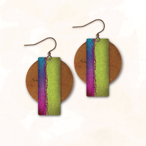 Earrings - Lime Green and Magenta Rectangle with Copper Disc - 2AE