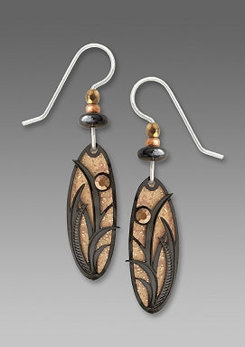 Earrings - Sand Stone Brown Oval with Reeds & Grasses - 7525