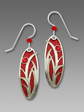 Earrings - True Red Oval with Grasses Overlay & Red Rhinestone - 7563