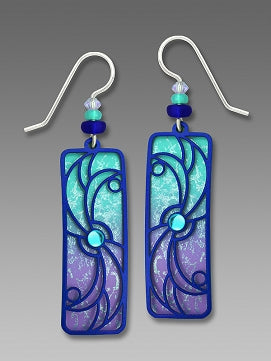 Earrings - Aqua/Violet Ombre Column with Royal Blue Whirl Design & Cab - 7571