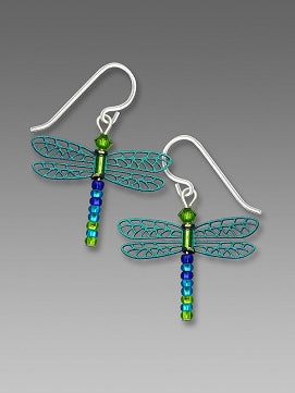 Earrings - Teal/Multi-Color Dragonfly with Beaded Tail - 1796