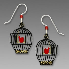 Earrings - Open Birdcage with Red Bird on Swing - 1808