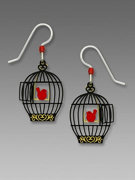 Earrings - Open Birdcage with Red Bird on Swing - 1808