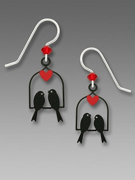 Earrings - Two Birds on a Swing with Red Heart - 1848