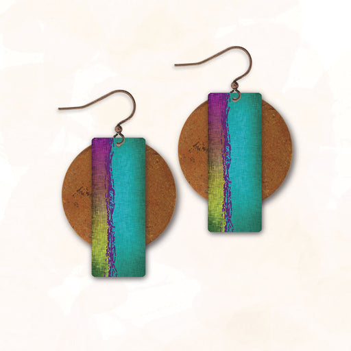 Earrings - Aqua and Magenta Rectangle with Copper Disc - 3AE