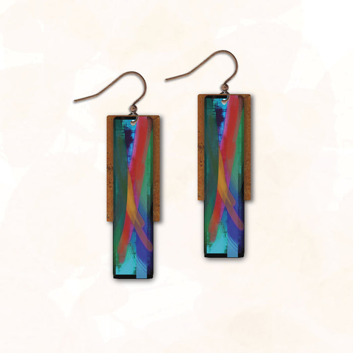 Earrings - Blue Red Green Thin Rectangle with Copper Rectangle - 3FE