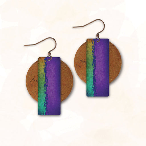 Earrings - Magenta and Green Rectangle with Copper Disc - 4AE