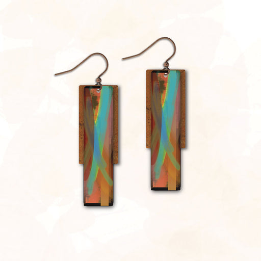 Earrings - Aqua and Brown Thin Rectangle with Copper Rectangle - 4FE