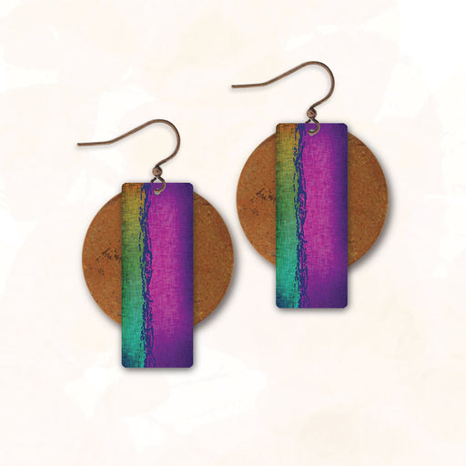 Earrings - Magenta and Aqua Rectangle with Copper Disc - 5AE