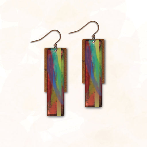 Earrings - Aqua Blue Red Thin Rectangle with Copper Rectangle - 5FE