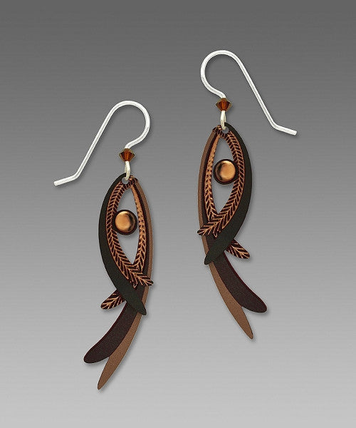 Earrings - Bronze & Chocolate folded feathery wing w/cab - 7498