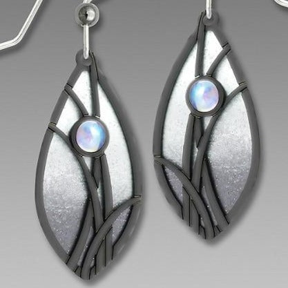 Earrings - Slate Gray & White Almond Shape w/IM 'Grasses' & Cab - 7551