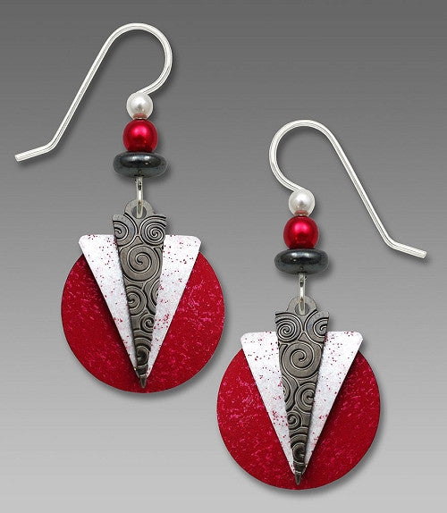 Earrings - Hematite and White Triangles Over Red Disc - 7658