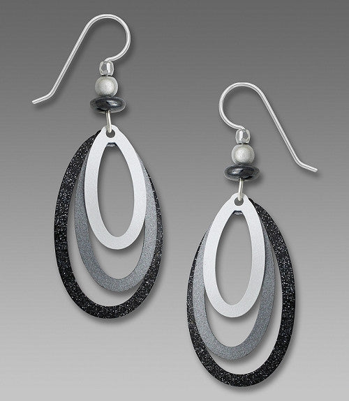 Earrings - Three Part Gunmetal and Silver oval Stack - 7781