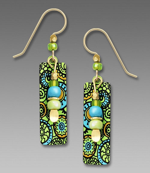 Earrings - Column with green/blue/brown whimsical pattern - 7783