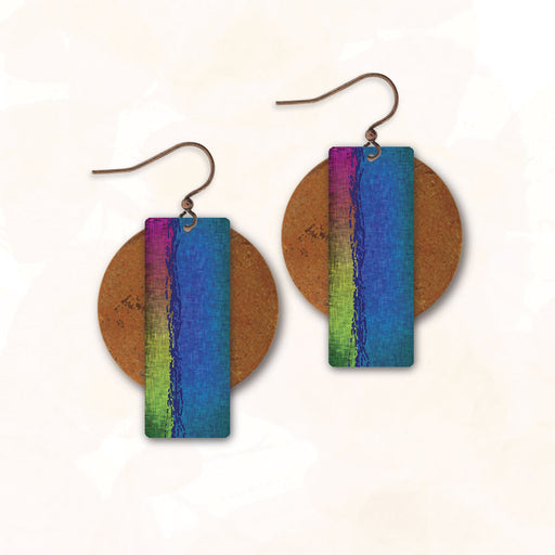 Earrings - Blue and Magenta/Green Rectangle with Copper Disc - 8AE