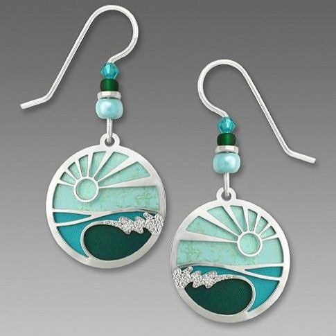 Earrings - Aqua Green Disc w/IR 'Breaking Wave' Pictorial Overlay - 7526