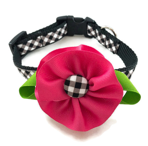 Dog Collar - Black Plaid with Pink Flower - Small