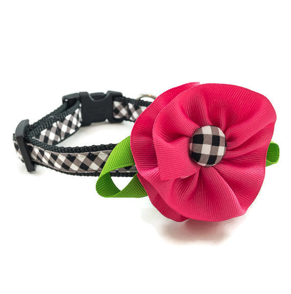 Dog Collar - Black Plaid with Pink Flower - Medium
