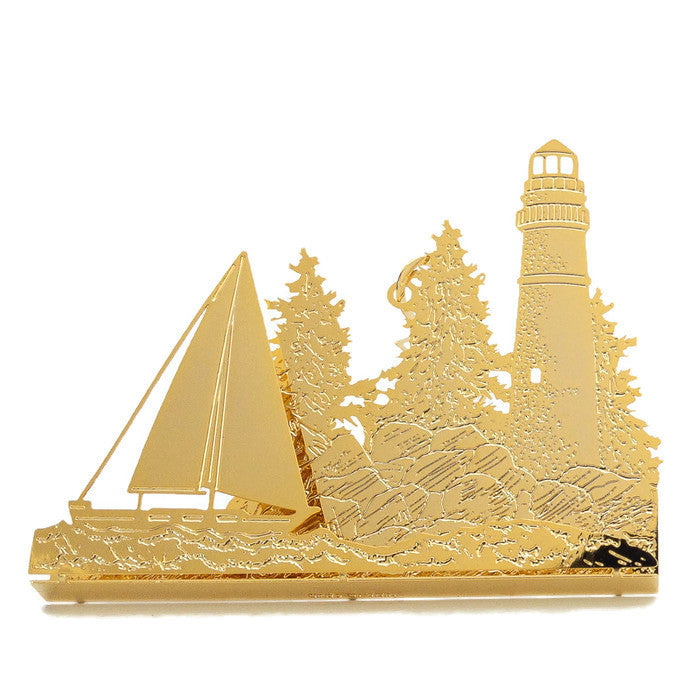 Ornament - Gold Plated Lighthouse With Sailboat