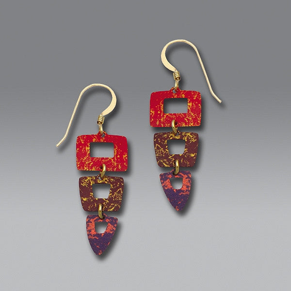 Earrings - 3-Part Squares & Triangle earrings in Rich Reds & Violet - 7212