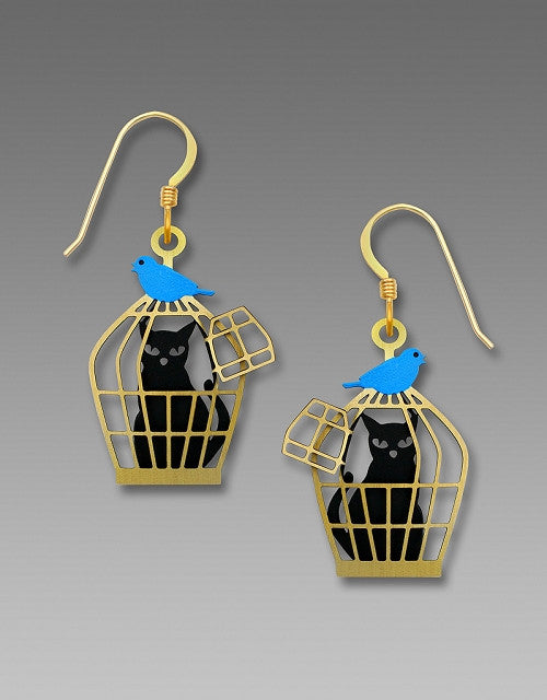 Earrings - Cat in Cage w/Bluebird - 1900