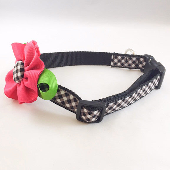 Dog Collar - Black Plaid with Pink Flower - Large