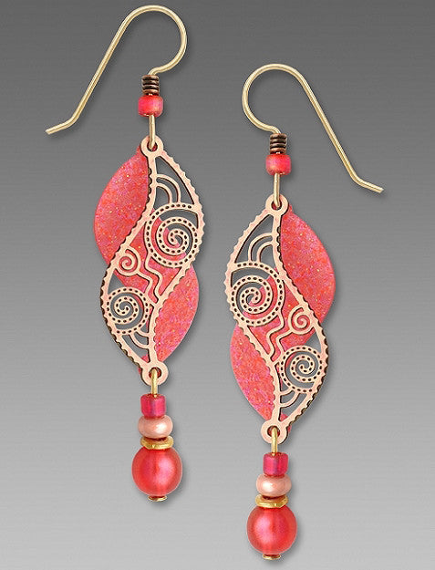 Earrings - Coral and Shimmering Peach Filigree Double Helix with Bead Drop - 7532