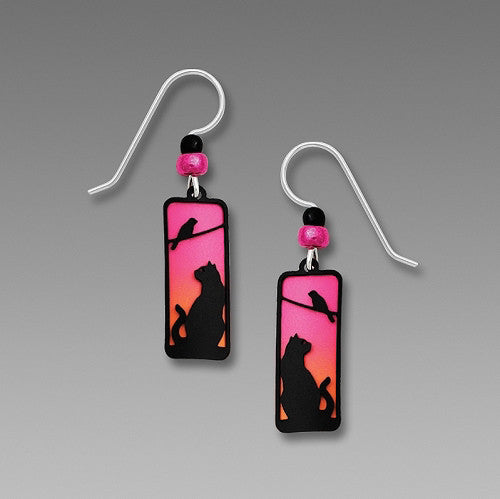 Earrings - Pink to Orange Column with Sunset Cat and Bird Overlay - 1977