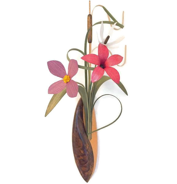 Hanging - Feathers with Flowers - Red White Purple Flowers - W-315F