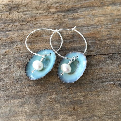 Earrings - Limpet Hoops - White Pearl - Sterling Silver