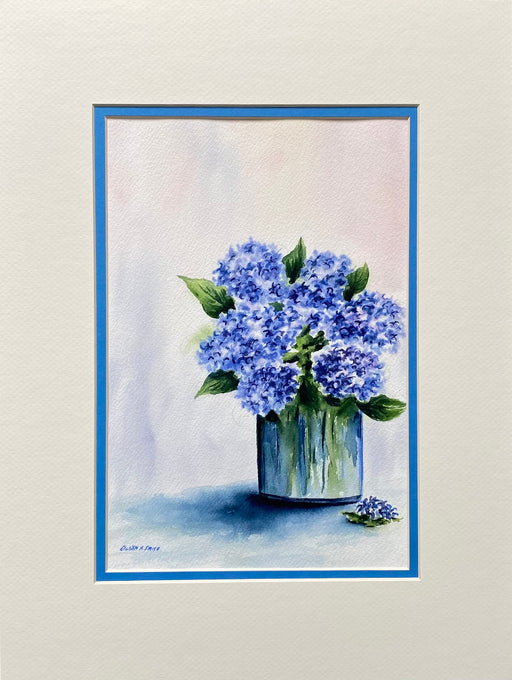 Original - 12x16 - Watercolor - Hydrangeas Still Life - Blue Matte