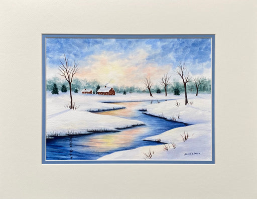 Original - 14x18 - Watercolor - Winter House and Stream - Blue Matte