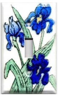 A handmade single toggle fused glass switch plate with the image of blue irises.