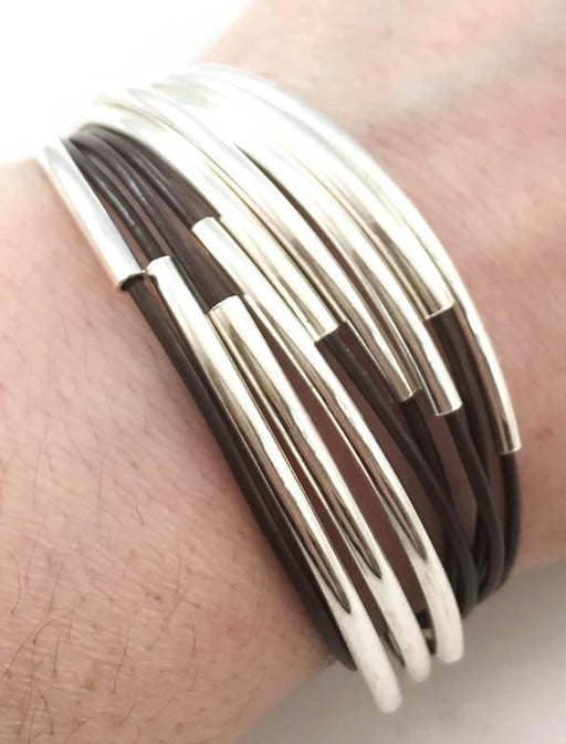 Leather Tube Bracelet - Silver Tubes - Brown - Medium