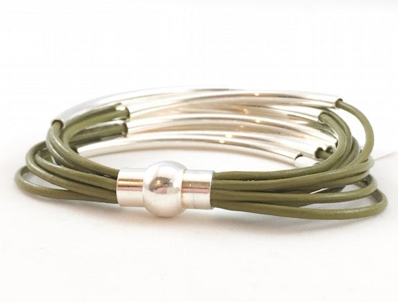 Leather Tube Bracelet - Silver Tubes - Olive Green - Small