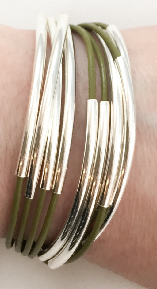 Leather Tube Bracelet - Silver Tubes - Olive Green - Small