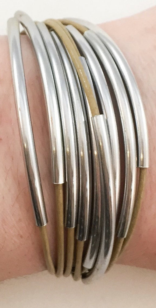 Leather Tube Bracelet - Silver Tubes - Tan - Small