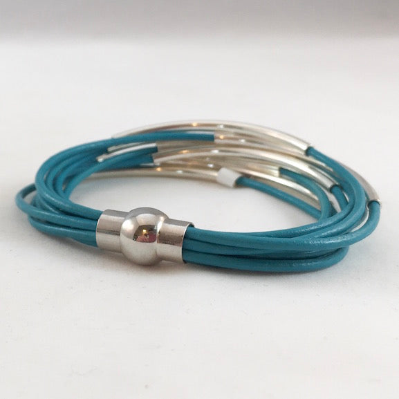 Leather Tube Bracelet - Silver Tubes - Turquoise - Small
