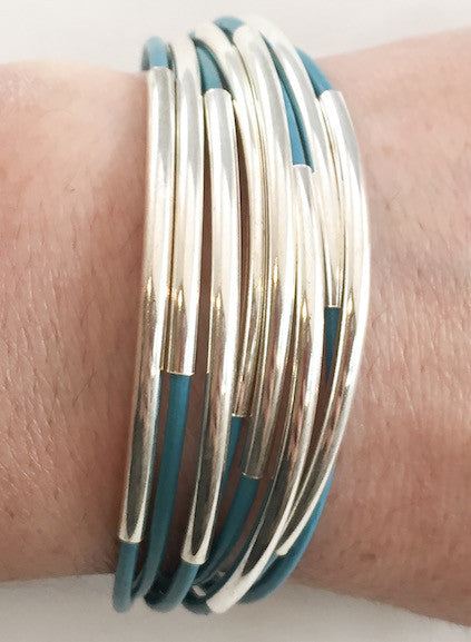 Leather Tube Bracelet - Silver Tubes - Turquoise - Medium