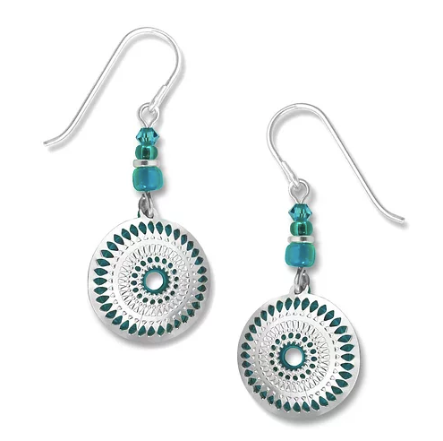 Earrings - Etched Disc Overlay with Teal Backer - 7330